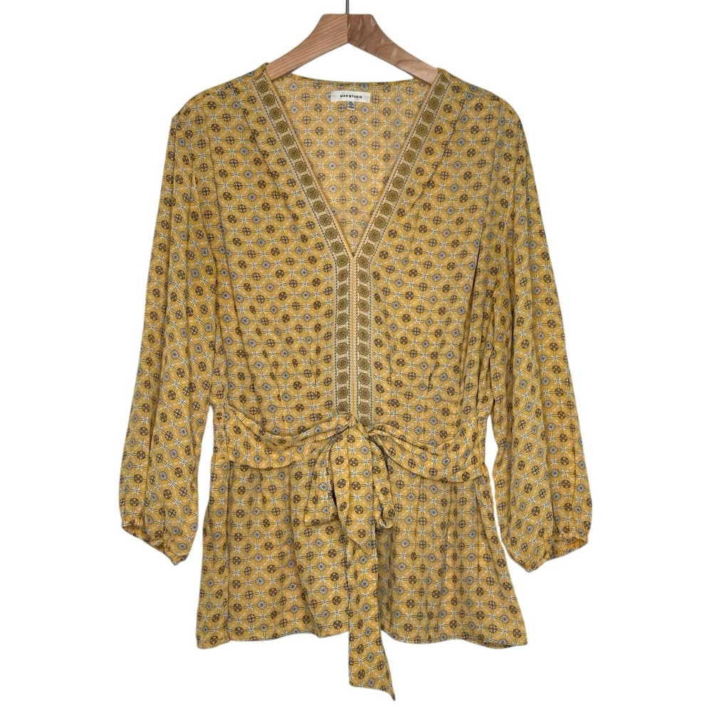 Max Studio Womens XL Top Yellow Multicolor Geometric Print 3/4 Sleeve Blouse